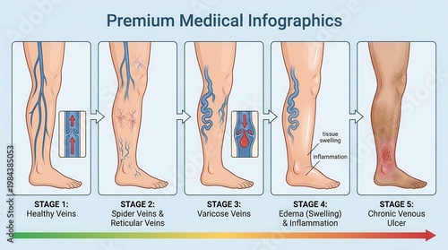 Stages of chronic venous disease progression from healthy circulation to venous ulcer.