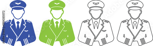 Four different colored pilot icons in blue green gray and black and white on white background