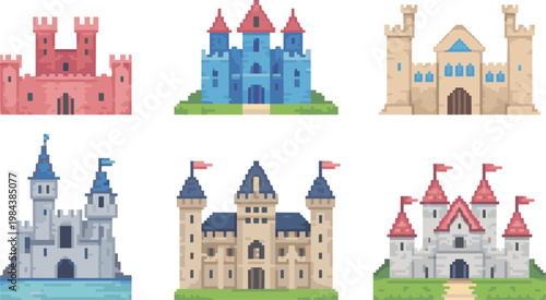 Pixel castle collection set, medieval fantasy buildings icons, retro 8bit architecture vector illustration for game