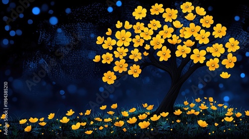 Nighttime Yellow Blossom Tree Digital Painting