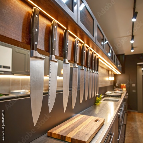 Professional stainless steel chef knives neatly displayed on a magnetic strip above a modern kitchen counter