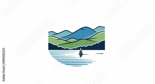 Stylized landscape with rolling hills, water, and a sailboat