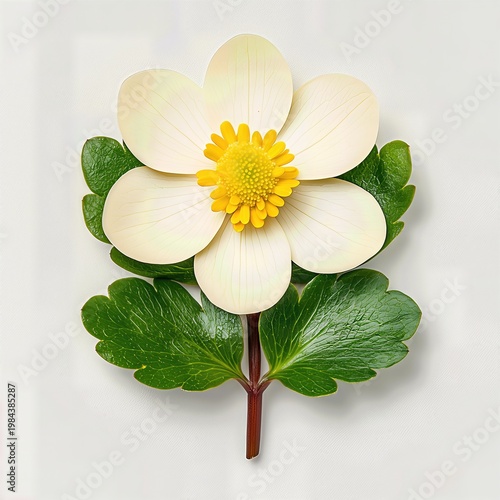Off White Flower with Yellow Center and Green Leaves on White Background