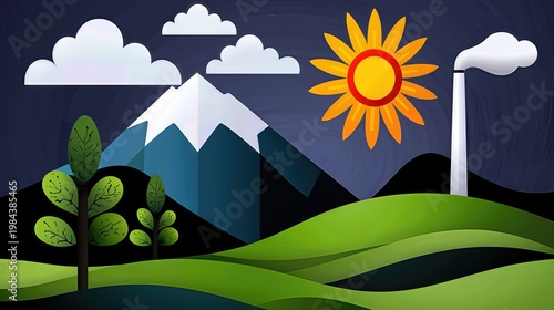 Paper Cut Style Landscape Illustration Snow Capped Mountain, Green Hills, and Industrial Smokestack