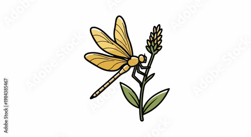Yellow dragonfly perched on a green plant with a textured bud