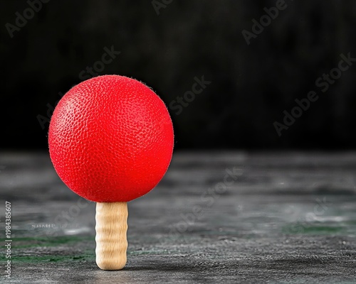 Red Dotted Sphere on Brown Cylinder Base Against Dark Reflective Background
