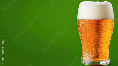 Refreshing Golden Beer with Frothy White Head in Clear Glass Against Green Background