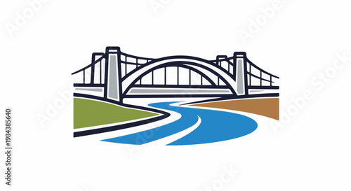 Stylized suspension bridge spans a winding blue river through green and brown terrain