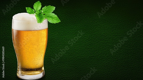 Refreshing Golden Beer with White Froth and Green Mint on Dark Green