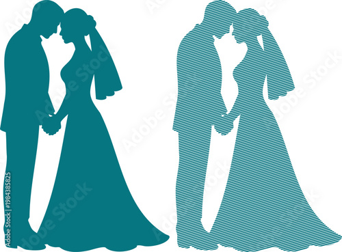 Teal silhouettes of couple in love holding hands wedding