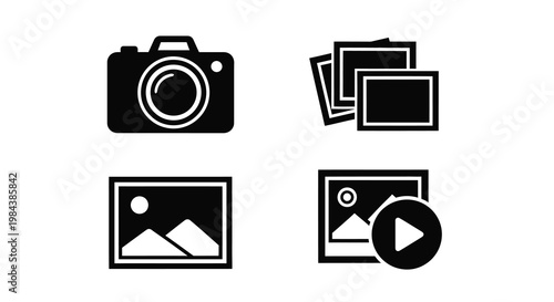 Black icons depicting cameras photos and video a graphic silhouette