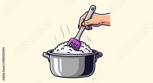 A hand stirs a pot of steaming rice with a purple spatula