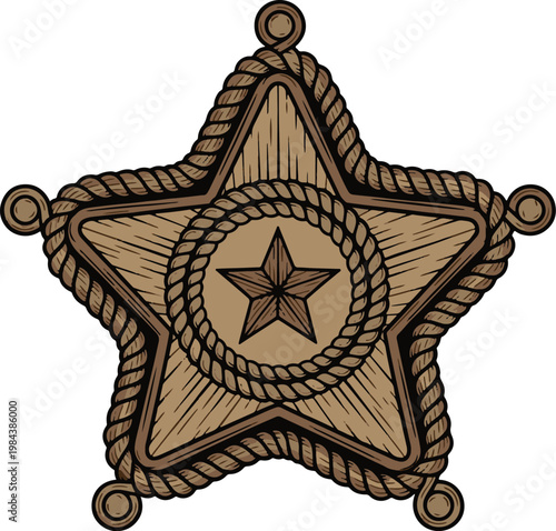 Enhance your designs with this rustic, hand-drawn western sheriff badge featuring a decorative rope border and vintage star emblem isolated on white.