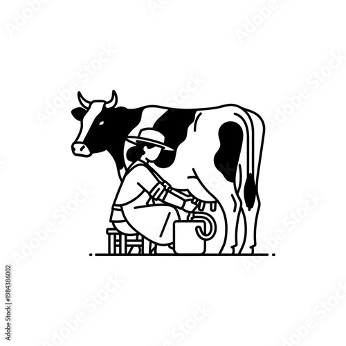 Minimalist vector line art of a farmer milking a cow into a bucket