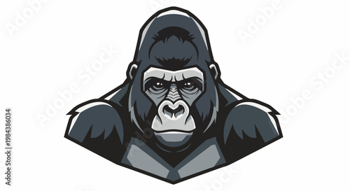 A graphic illustration of a gorilla's stern face, rendered in grayscale