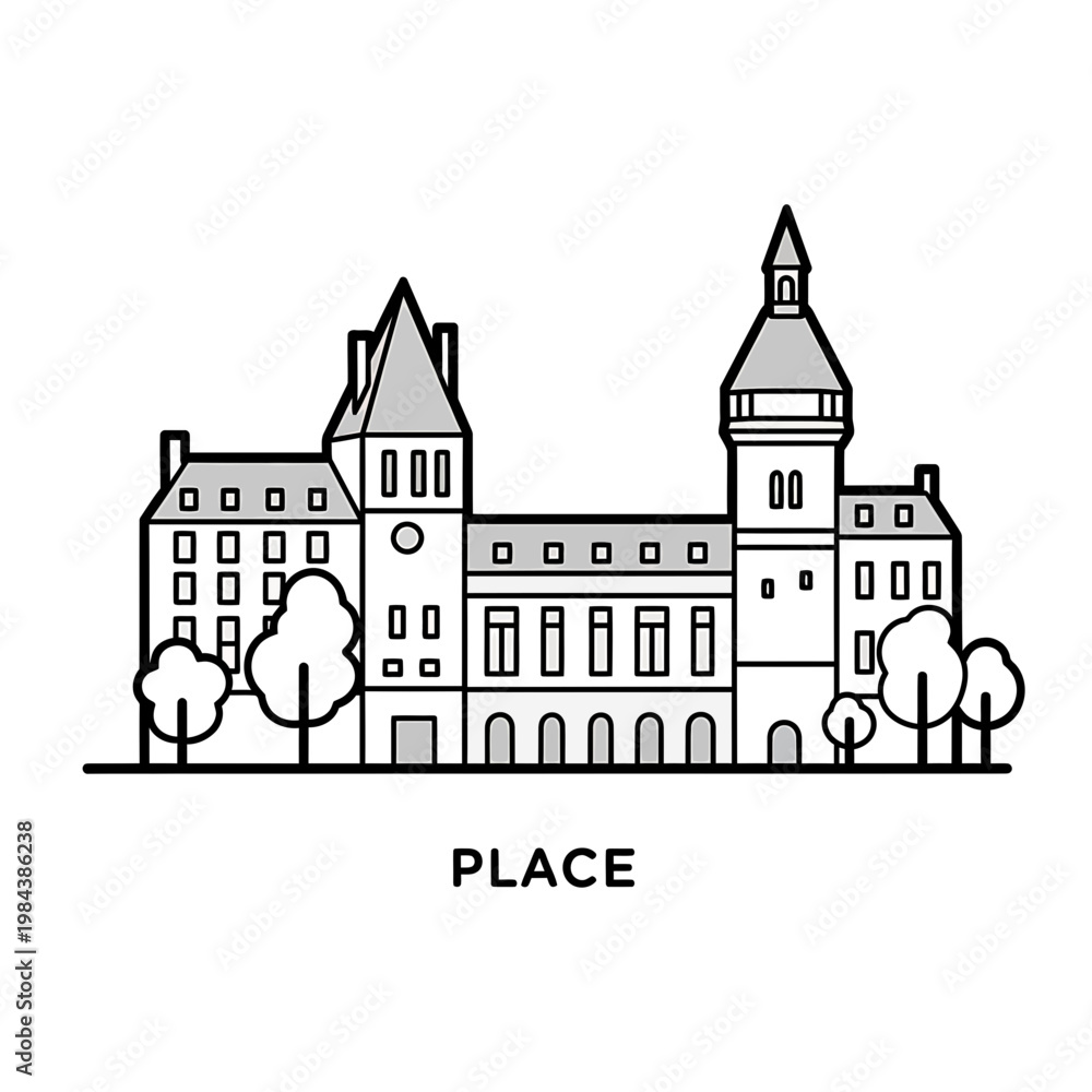 Fototapeta premium Historic European Palace Building Flat Line Art Vector Illustration