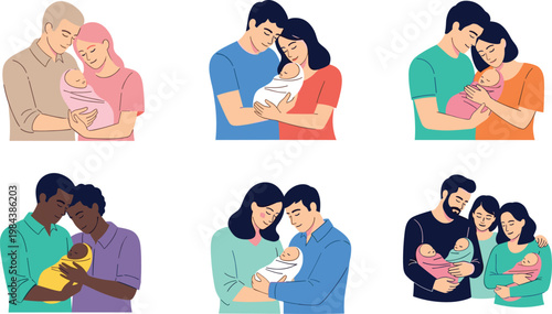 Family with Newborn Baby Vector Set Featuring Parents Holding Infants for Parenthood, Family, and Love Illustrations