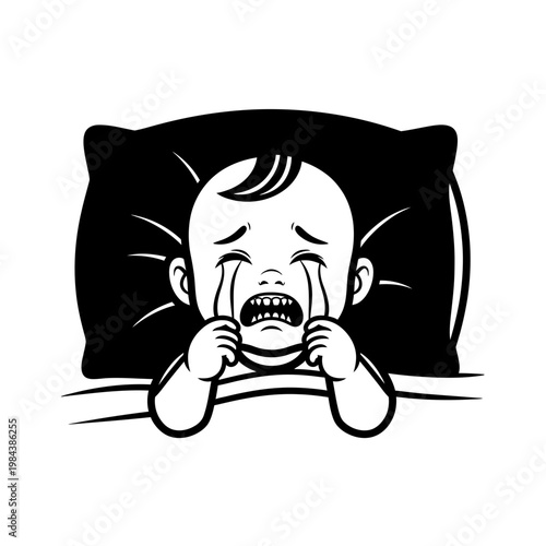 Crying Baby in Bed Vector Illustration with Tears on Pillow