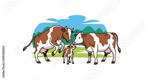 A charming cartoon illustration of a cow family with a calf in a pastoral setting