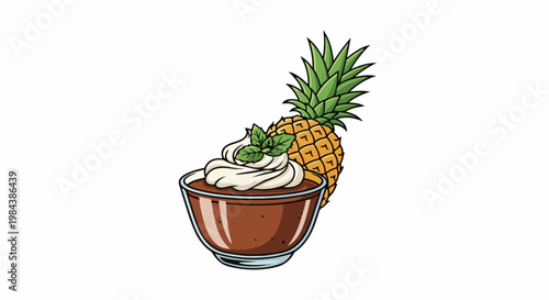 A chocolate dessert with whipped cream and mint leaf sits beside a pineapple