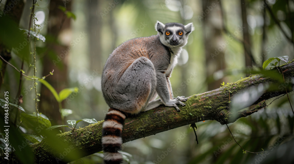 Fototapeta premium Lemur Low Angle Rainforest Tree Wildlife Telephoto Shot Natural Frame Copy Space