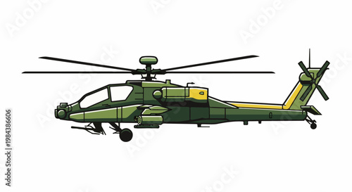 A green attack helicopter with yellow accents, side view