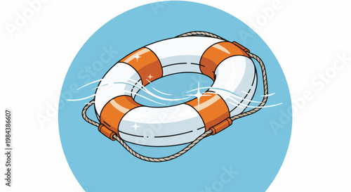 A floating ring with orange and white bands, secured by rope, in clear blue water