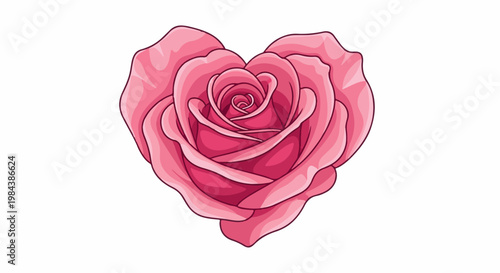 A detailed pink rose with heart-shaped petals is shown against a white background
