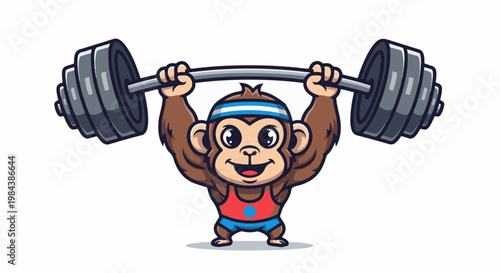 A happy cartoon monkey in athletic wear lifts a heavy barbell with weights