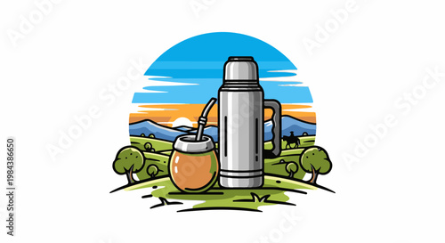 A mate gourd and thermos stand in a green landscape at sunset