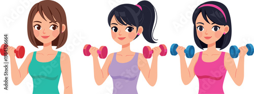 Female characters doing dumbbell workout exercises illustration set with fitness training poses and healthy active lifestyle concept
