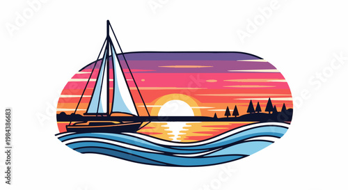 A sailboat glides on blue waves against a vibrant sunset and silhouette trees