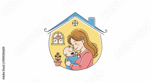 A smiling mother lovingly holds her happy baby inside a house outline