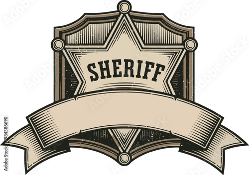 A weathered, rustic sheriff's badge illustration featuring a six-pointed star and a blank ribbon banner for custom text. Isolated on white.
