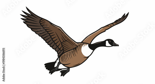 A stylized illustration of a brown goose in flight against a white background