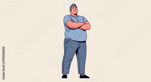 A flat style illustration of a confident plus-size man standing with arms crossed, representing body positivity and self-assurance.