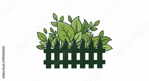 Dark green picket fence with lush green foliage blooming over top
