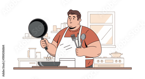 Friendly plus-size man in an apron holding a frying pan and utensils, preparing to cook a meal in a clean, modern kitchen.