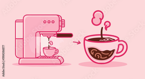 Flat graphic of pink coffee machine brewing into a cup
