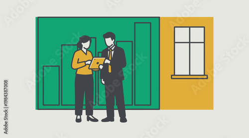 Illustration of two business professionals discussing a document in front of a colorful, geometric background with a green and yellow wall.