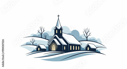 A dark, snowy church with two small houses and bare trees on rolling hills
