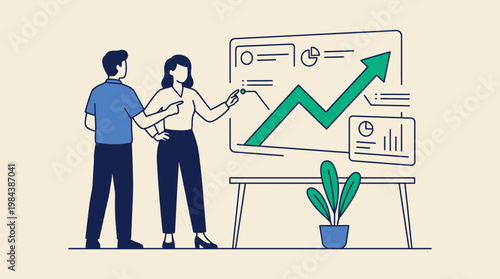 Wallpaper Mural Illustration of a man and woman discussing a green graph on a presentation board with a plant in a modern office setting. Torontodigital.ca