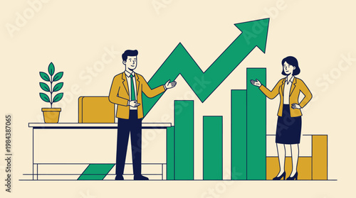 Wallpaper Mural Illustration of a businessman and businesswoman discussing a rising green graph with a bar chart in a modern office setting with yellow and green tones. Torontodigital.ca
