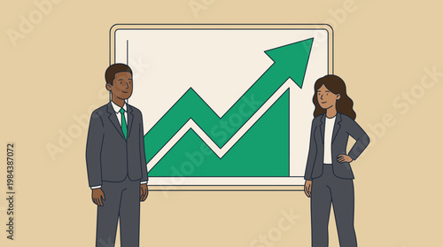 Wallpaper Mural Illustration of a man and woman in business attire standing on either side of a large green graph with an upward trend on a beige background. Torontodigital.ca