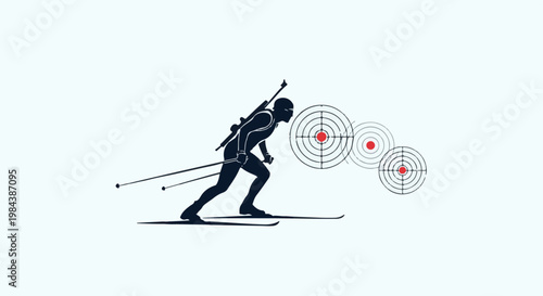 Silhouette of a biathlete skiing with targets in the background