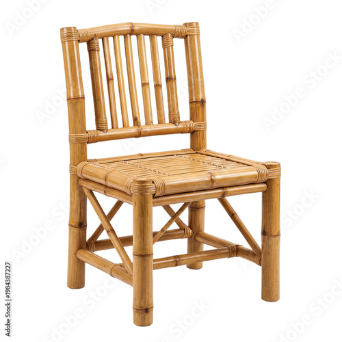 Bamboo Chair With Slatted Back Natural Rattan Furniture Rustic Handmade Seating On White Background