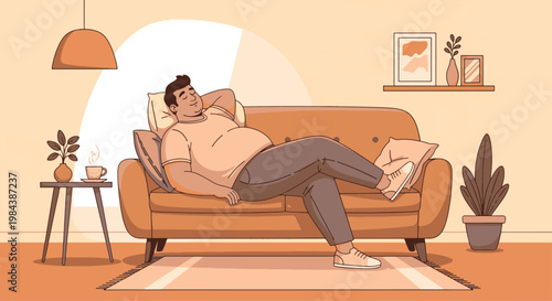 A peaceful illustration of a plus-size man resting comfortably on a sofa in a warm, modern living room setting.