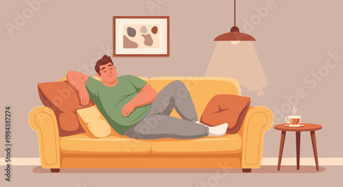 A peaceful vector illustration of a man sleeping comfortably on a yellow sofa in a warm, cozy living room environment.