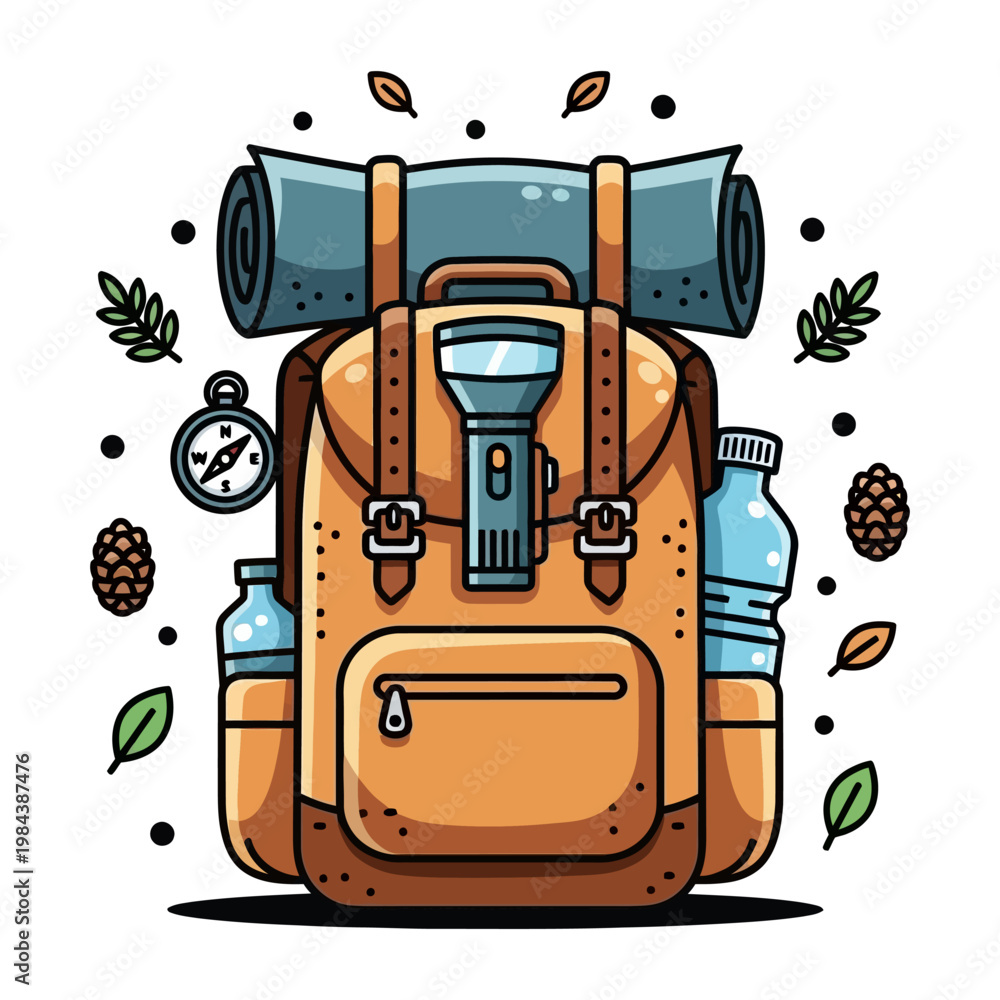Naklejka premium Camping backpack with hiking gear sleeping mat and compass vector illustration for outdoor adventure and travel
