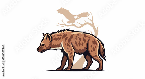 Stylized illustration of a hyena standing with a shadowed vulture above a tree